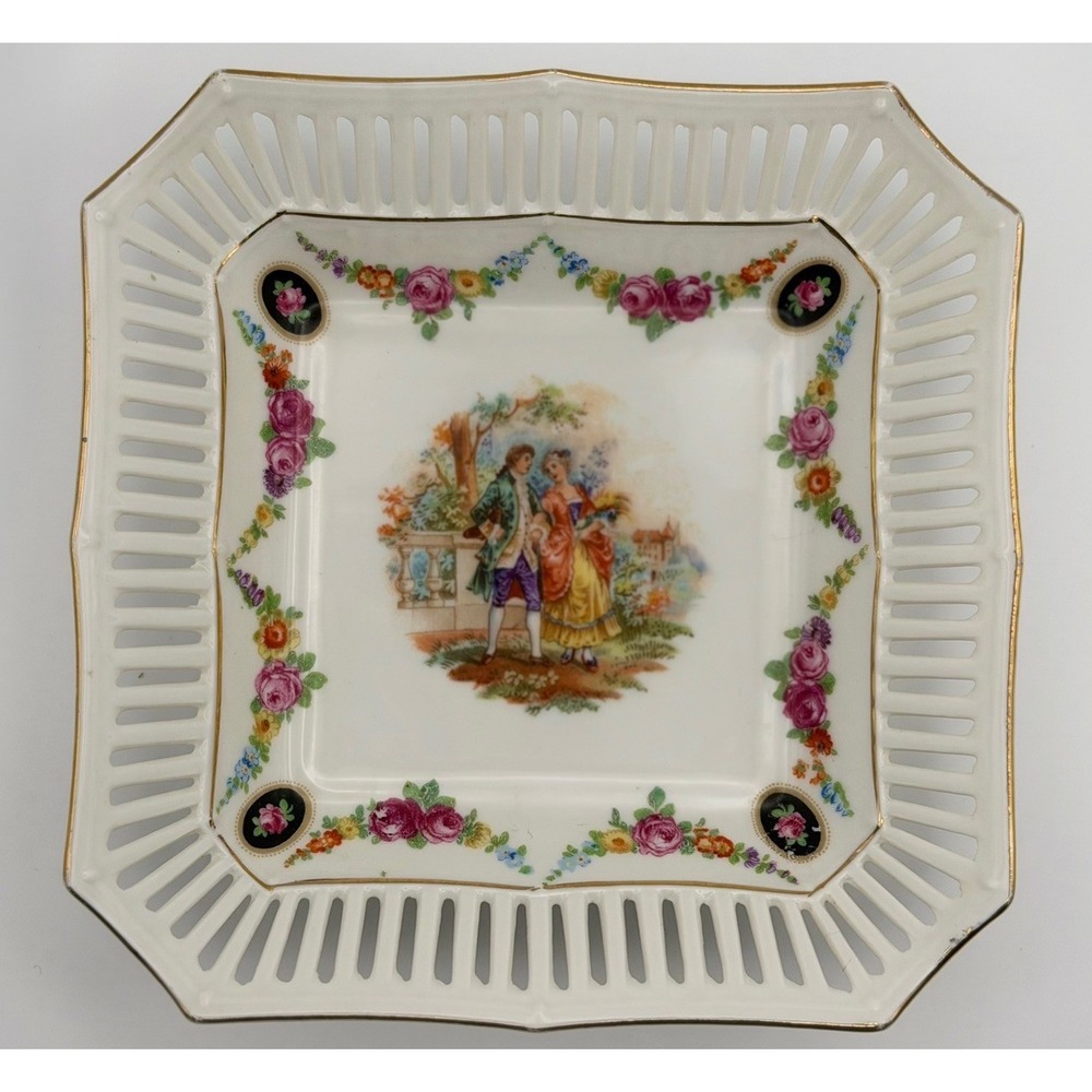 Vintage German Reticulated Porcelain Plate Bowl Courting Couple Floral Swags